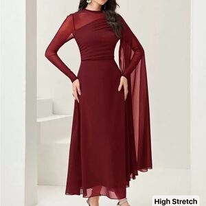 US 6 M - Modelyn Burgundy Contrast Mesh Ruched Evening Dress - Long Sleeve (NEW)